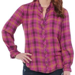 Democracy Plaid Shirt Blouse Long Sleeve Ruffle Neckline Button Front Size L